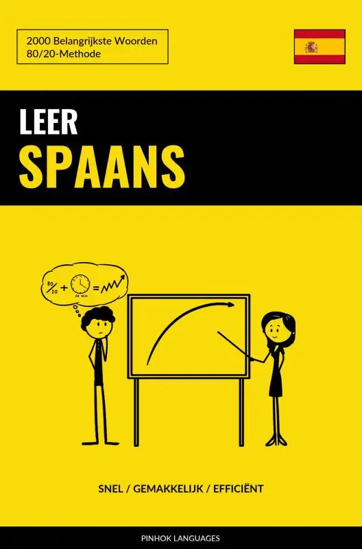 Gele en zwarte leer spaans boekcover van pinok languages met de belangrijkste woorden voor snel en efficiënt leren