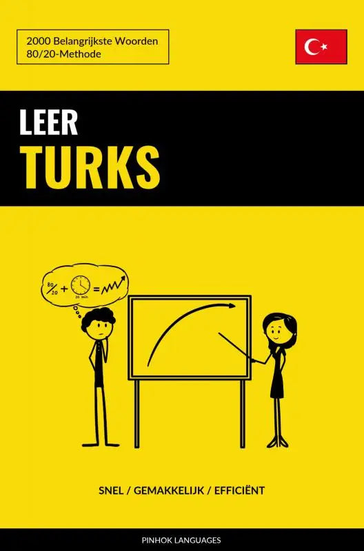 Gele en zwarte omslag van leer turks taalboek van pinhok languages met de belangrijkste woorden voor snel leren