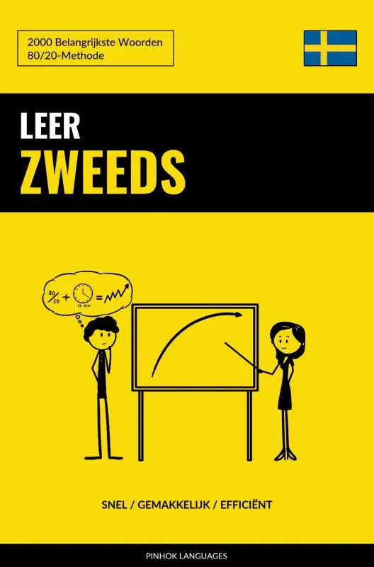 Gele leer zweeds boek met belangrijkste woorden en minimalistische stick-figure illustraties voor taalstudie