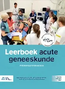 Blauw-wit gestreept leerboek acute geneeskunde voor kinderen met cartoon arts op de omslag