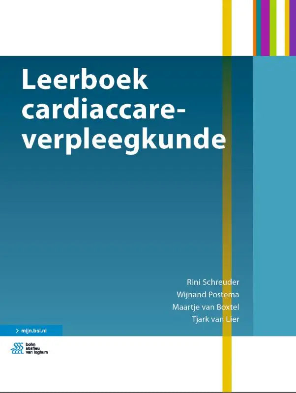 Blauw leerboek cardiaccare-verpleegkunde met witte tekst en gekleurde strepen van bsl media medische handboeken