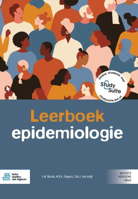 Cover van het leerboek epidemiologie van bsl media met kleurrijke illustratie van diverse mensen op blauwe achtergrond