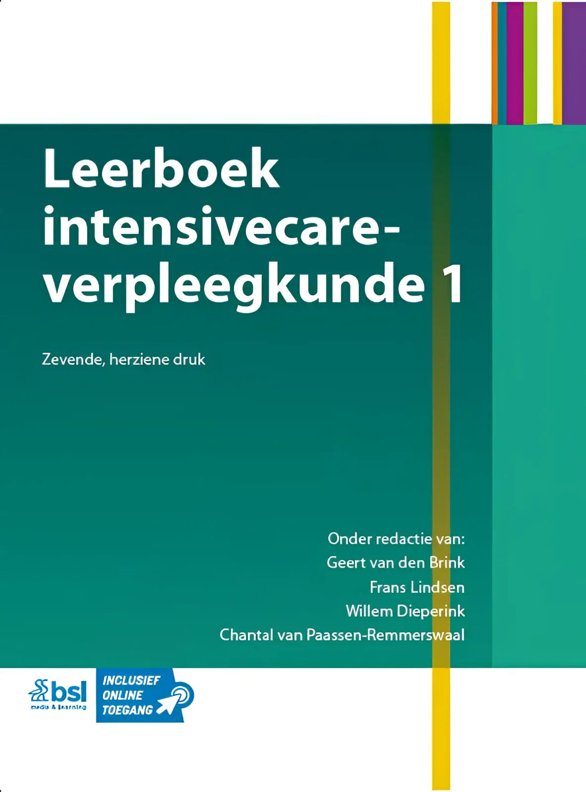 Tealgroen leerboek intensivecare-verpleegkunde 1 met witte tekst en gekleurde strepen rechts van bsl media