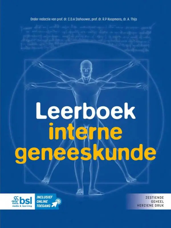 Blauw leerboek interne geneeskunde met een translucente vitruvian man en witte en gele tekst op de voorkant