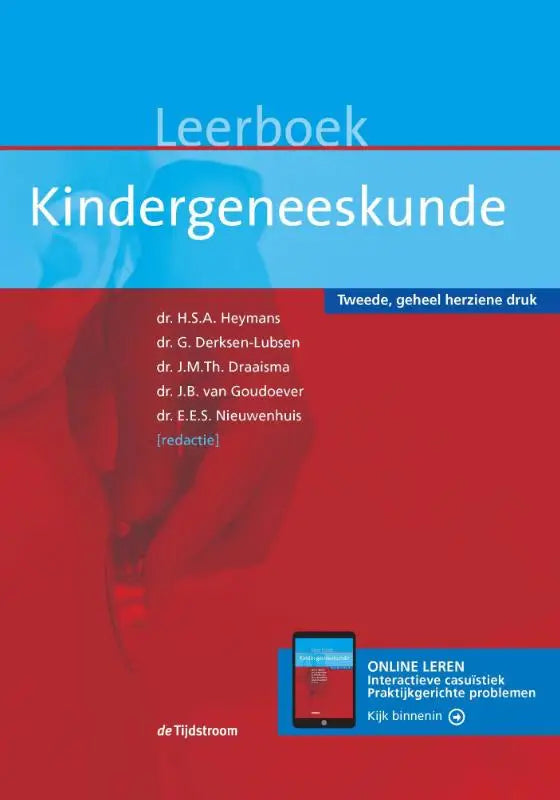 De cover van leerboek kindergeneeskunde tweede herziene editie met rood blauwe design door koninklijke boom uitgevers