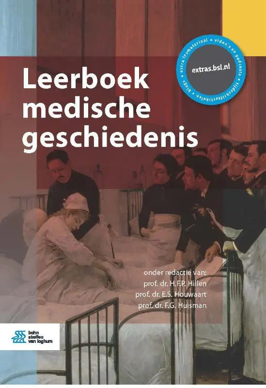 De cover van het leerboek medische geschiedenis toont een historische illustratie van medische zorg in een ziekenhuisomgeving