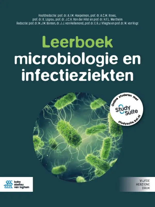 Leerboek microbiologie en infectieziekten met groene en blauwe illustratie en microscopische bacteriële afbeeldingen bsl media specialistische geneeskunde
