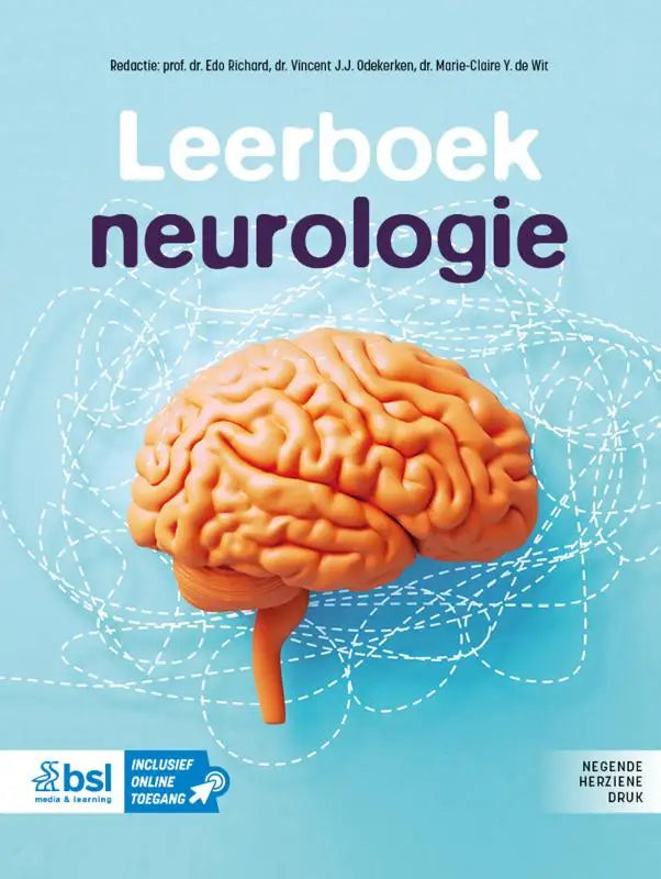 Oranje anatomisch breinmodel op lichte blauwe achtergrond voor leerboek neurologie bsl media klinische neurofysiologie