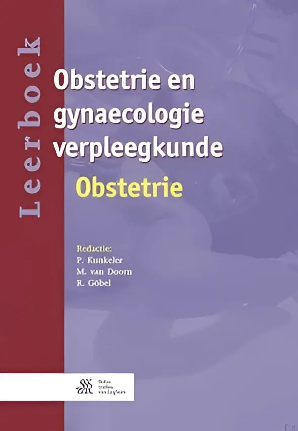 De boekcover van leerboek obstetrie en gynaecologie verpleegkunde toont een zwangere buik op paarse achtergrond met rode rand