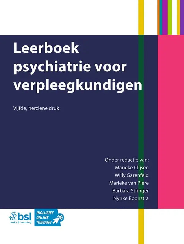 Donkerblauw leerboek psychiatrie voor verpleegkundigen met witte tekst en verticale strook kleurrijke balken rechts