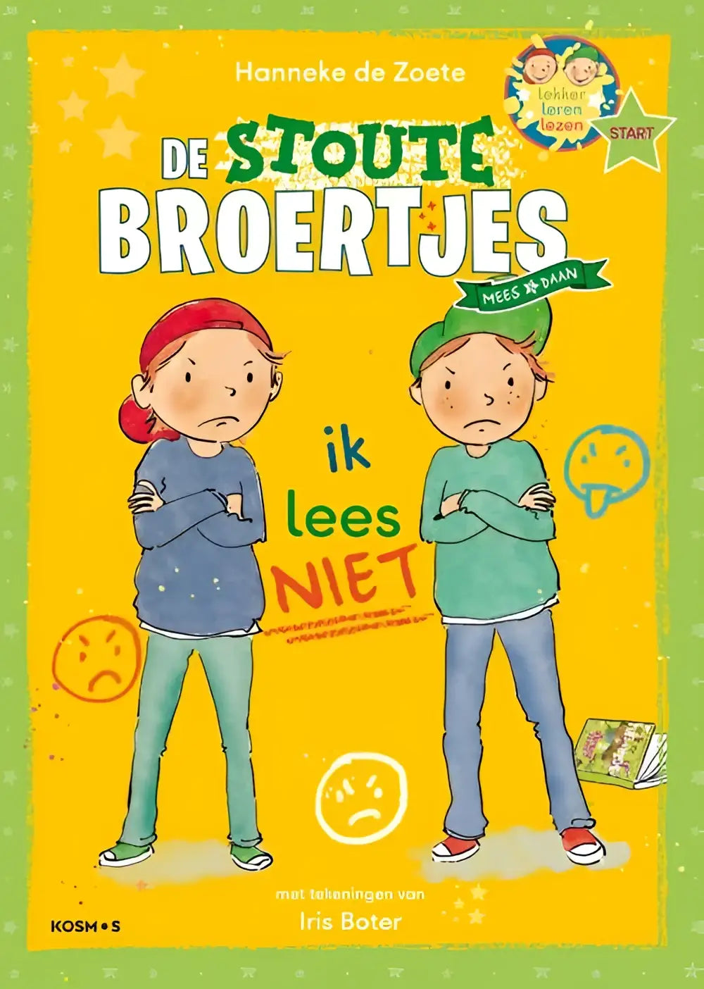 Gele kinderboekcover leren lezen de stoute broertjes van hanneke de zoete met twee kinderen in blauw en groen uit serie leren lezen