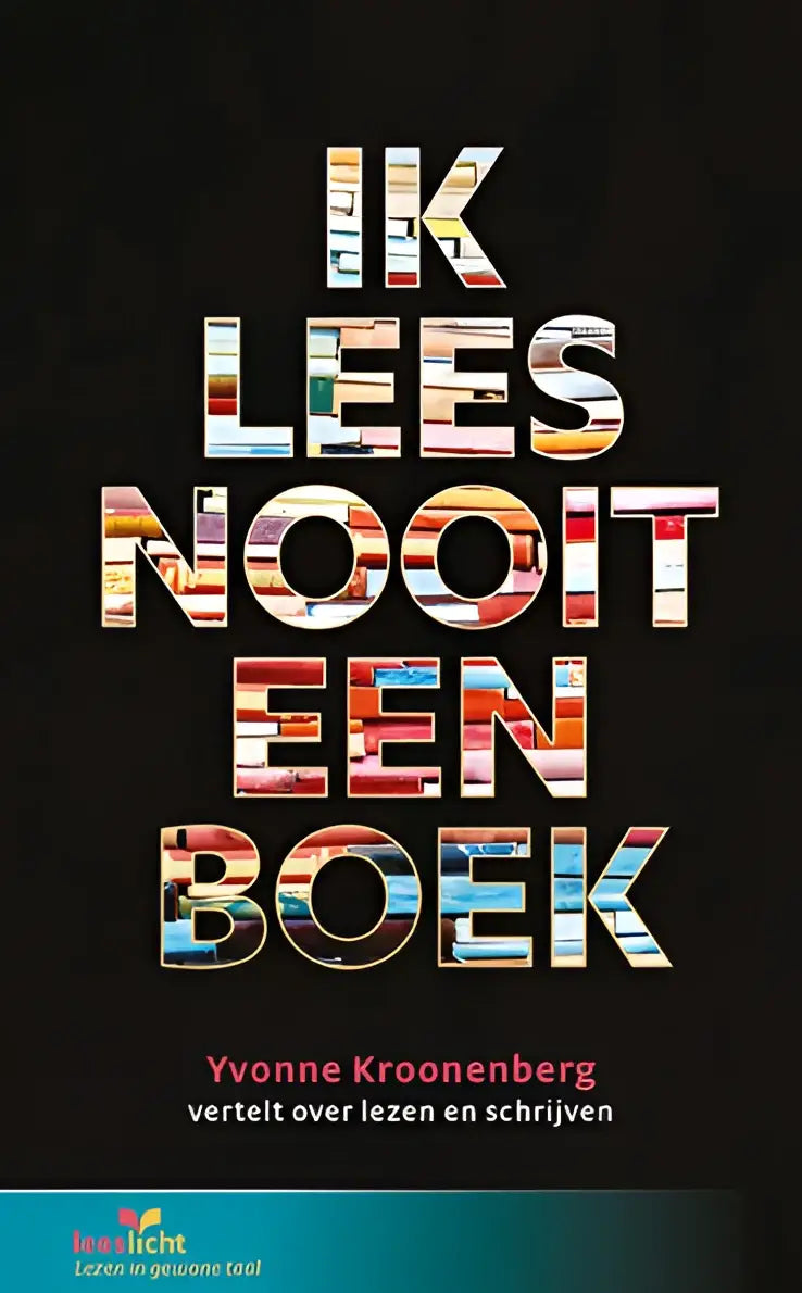 De boekcover van ik lees nooit een boek met gedurfde, veelkleurige letters gevuld met een collage van knipsels