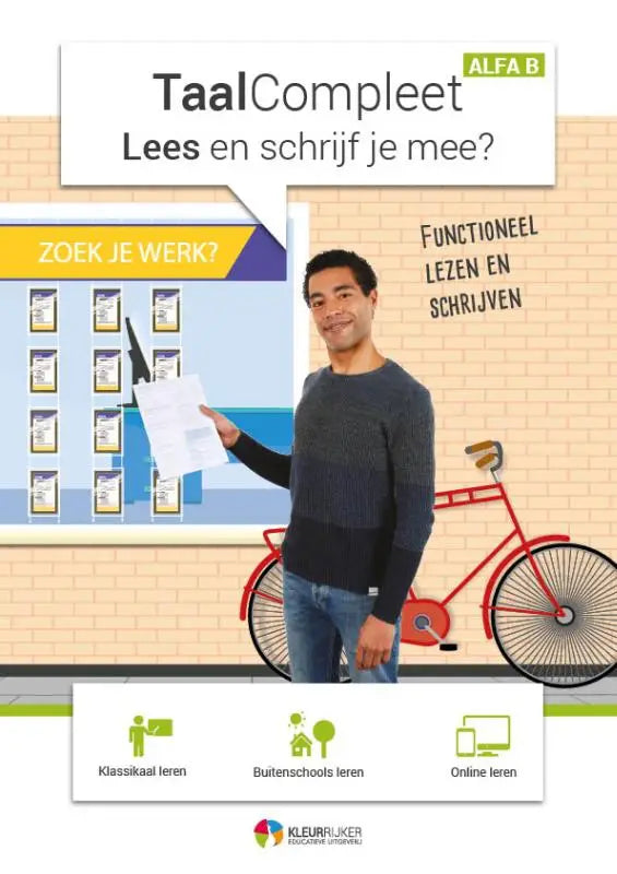 De omslag van taalcompleet functioneel lezen boek met een man in grijze trui naast een rode fiets tegen bakstenen muur