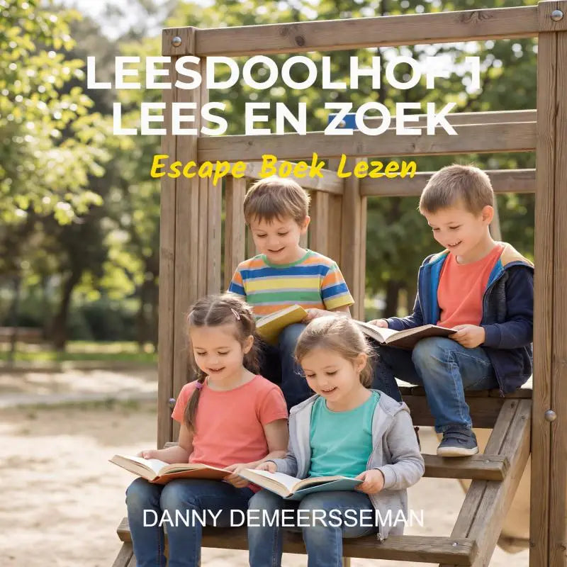 De cover van leesdoolhof 1 lees en zoek van danny demersseman toont vier lachende kinderen die een escape boek lezen