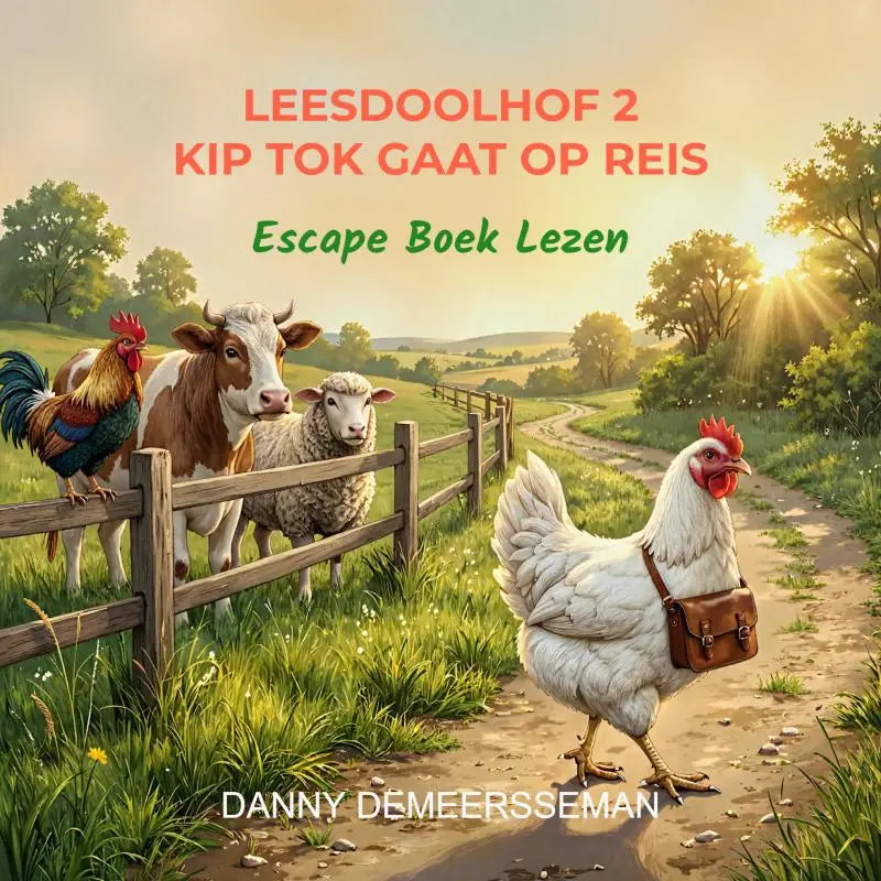 Witte kip met rode kam en leren bruine tas op het lichaam in leesdoolhof 2 escape boek lezen product