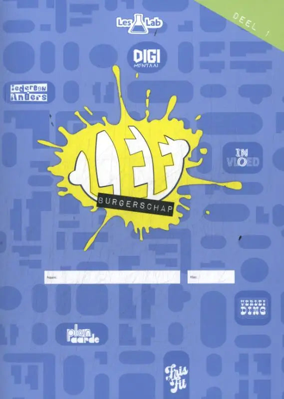 Blauw notitieboek lef burgerschap met geel verfspat motief en wit burgerschap tekst op zwarte banner