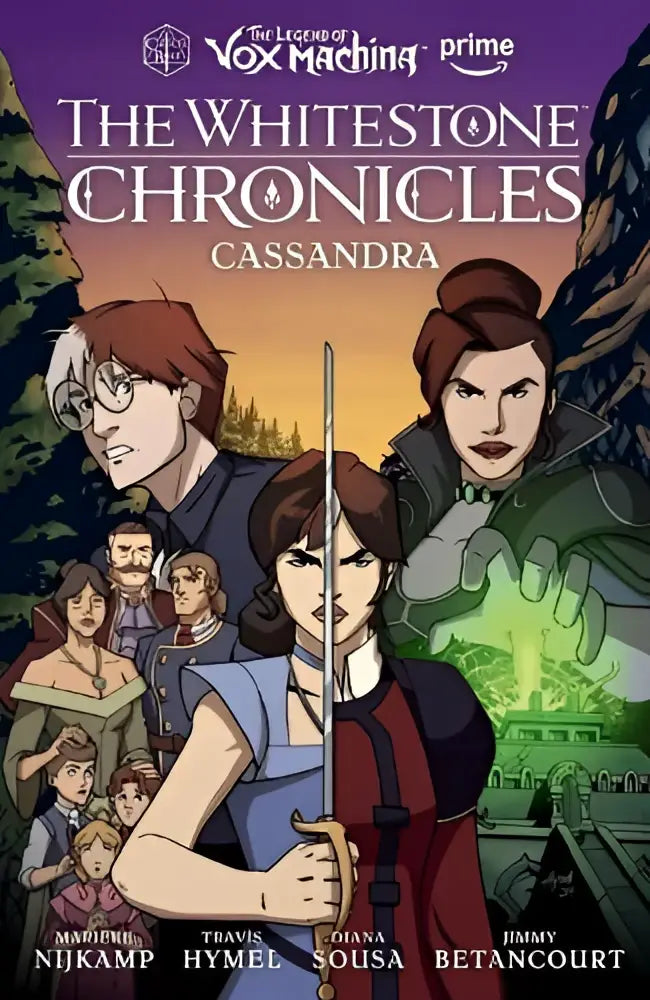 Cover van the whitestone chronicles volume 2 cassandra fantasy animatieserie met gestileerde middeleeuwse personages en dramatische paarse groene achtergrond