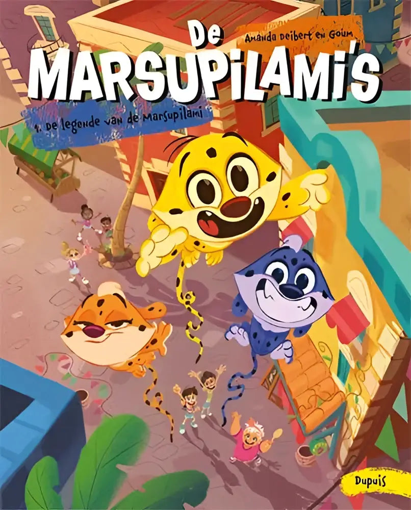 Illustratie van gele en blauwe marsupilami karakters op kleurrijke voorkant van het boek de legende van de marsupilami