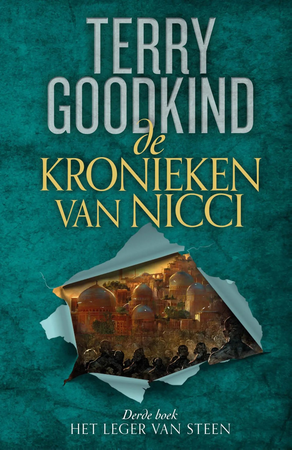 Teal textuurde boekomslag met effect gescheurd papier en illustratie van koepelbouw en figuren onder gouden tekst voor luitingh sijthoff fantasy het leger van steen