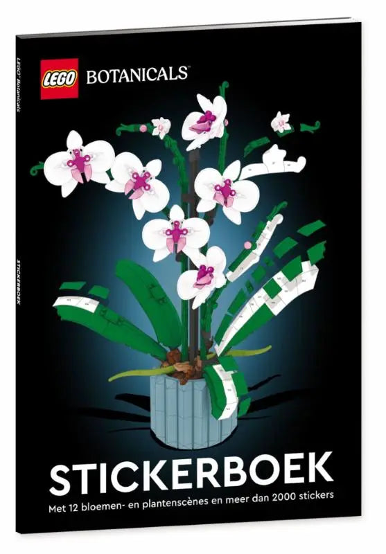 Lego botanicals botanicals stickerboek met witte orchidee roze midden en groene bladeren in grijze pot voor jonge lezers