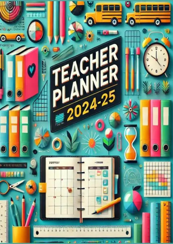 Lehrerplaner 2024-25 met levendige turquoise omslag en witte en gele letters om sie ihr schuljahr te organiseren