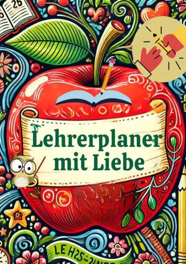 Vibrante rode appelvormige lehrerplaner met een potlood in de steel en een uil erbij een undatierter begleiter