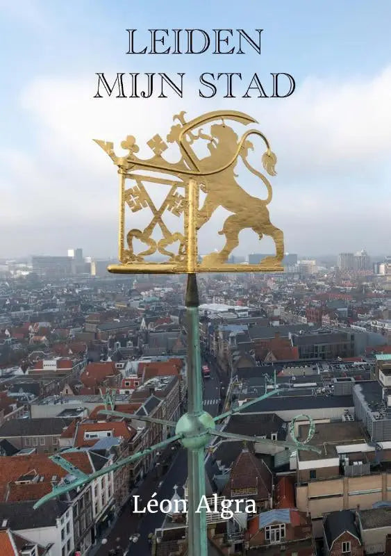 Golden lion weathervane met kroon en heraldisch ontwerp op groene metalen paal in product leiden mijn stad