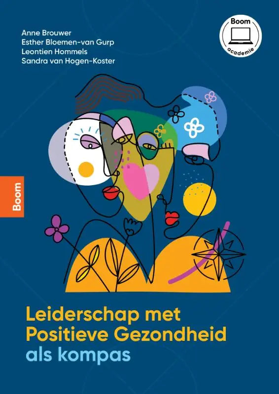 De boekcover van leiderschap met positieve gezondheid als kompas toont twee abstracte gezichten in felle kleuren op een donkerblauwe achtergrond