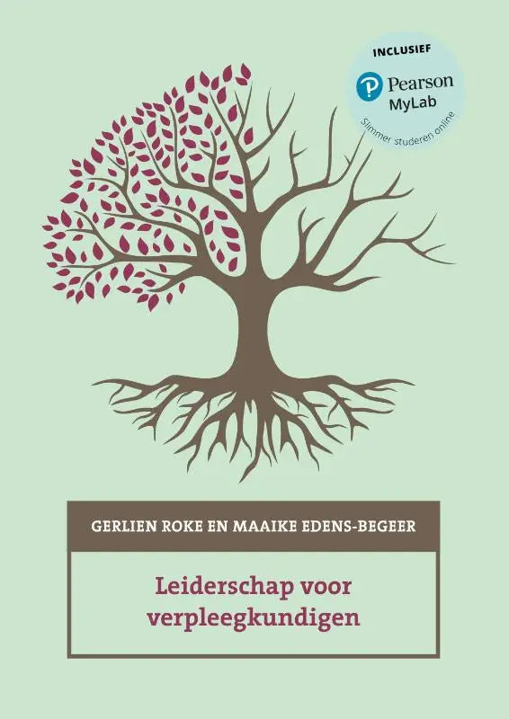 Leiderschap voor verpleegkundigen boek met gestileerde boom in bruin en bordeaux op lichtgroene achtergrond