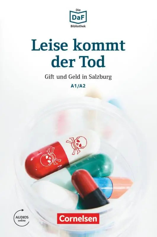 Een rood-witte capsule met een doodskop- en kruisbeensymbool ligt tussen kleurrijke pillen in een doosje van leise kommt daf daz-lerenden