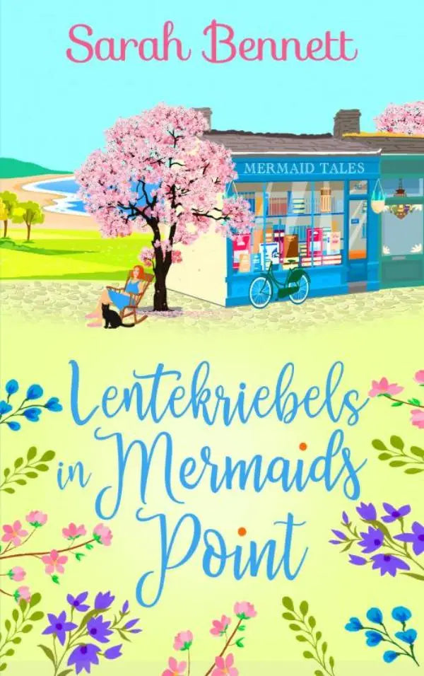 A charmante blauwe winkelpui met bord mermaid tales en roze bloemen in mermaids point lentekriebels