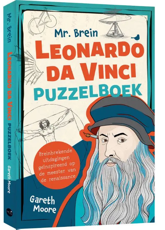 Een levendig turquoise en oranje leonardo da vinci puzzelboek met illustratie en schetsen van Mr Brein