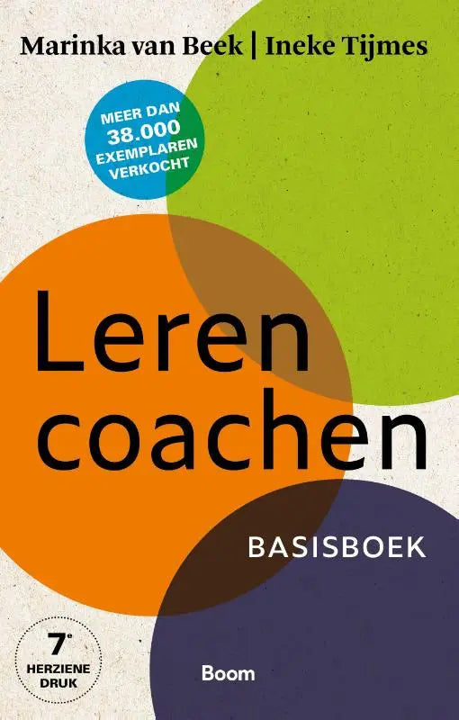 De boekcover van leren coachen door ineke tijmes toont zwarte tekst op oranje, groen en paarse cirkels gepubliceerd door koninklijke boom uitgevers