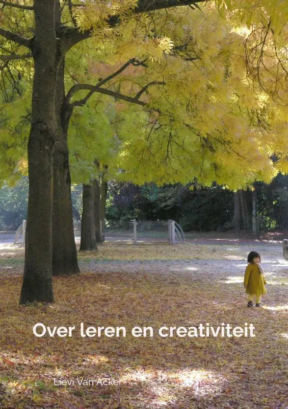 Een jonge kind in een gele jas staat alleen onder een bladerdak van gouden herfstbomen over leren en creativiteit