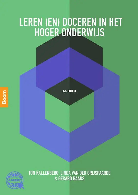 Het boek leren en doceren in het hoger onderwijs door Gerard Baars en Ton Kallenberg heeft een geometrisch hexagon ontwerp in blauw en groen