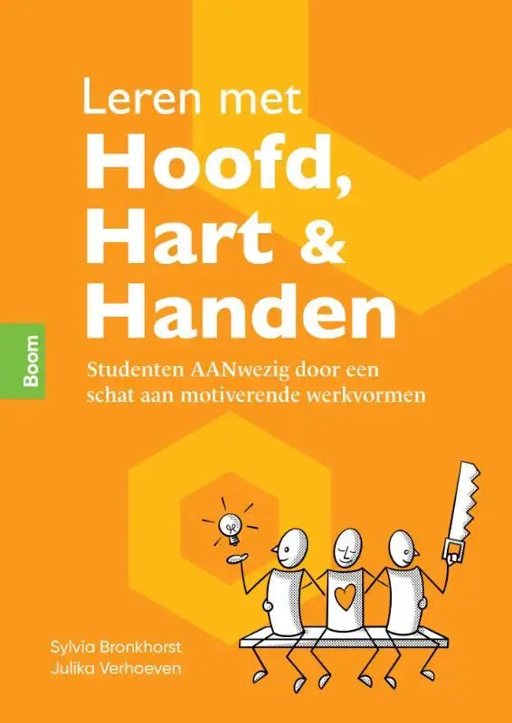 Oranje boekomslag leren met hoofd hart en handen met cartoon van drie poppetjes die gereedschap en een gloeilamp vasthouden