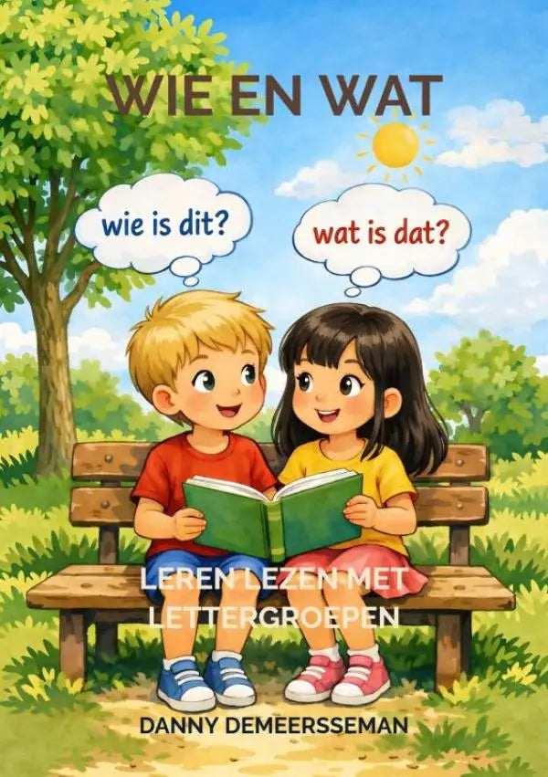 Kindereducatief boek wie en wat leren lezen met lettergroepen met twee kinderen die een groen boek lezen op een houten bank