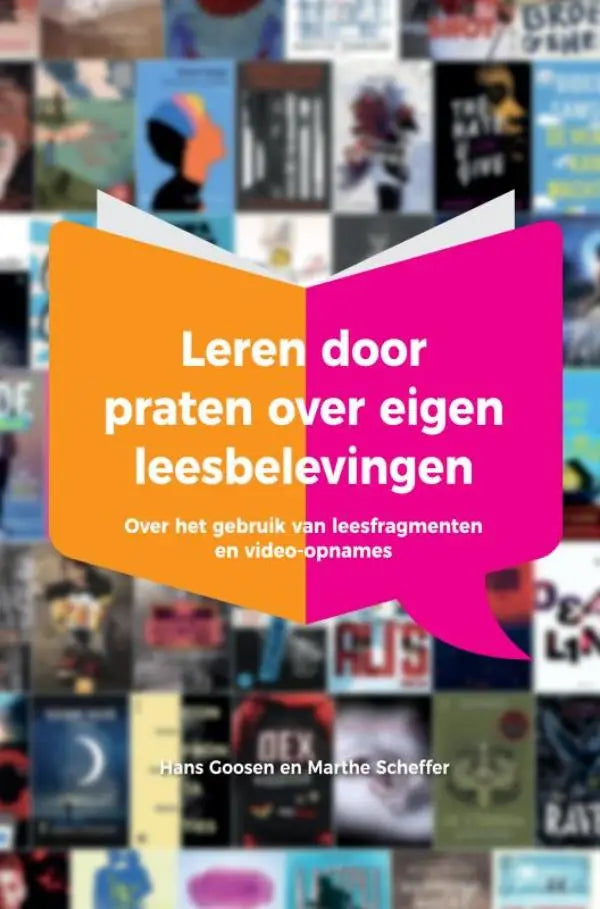 Vibrante oranje en roze boekcover met witte tekst leren door praten over eigen leesbelevingen door hans goosen en marthe scheffer