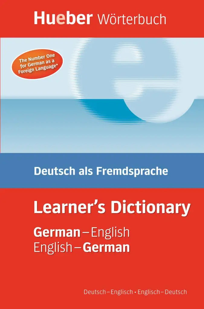 Red en blauwe kaft van de hueber wörterbuch lerner’s dictionary german-english met focus op grammatik en landeskunde