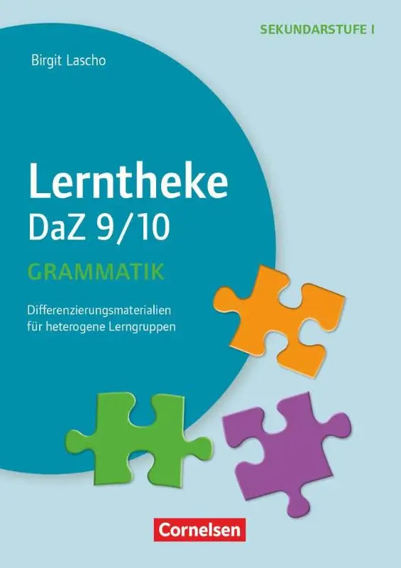 Educatief werkboek lerntheke daz grammatik 9 10 van birgit lascho met kleurrijke puzzelstukken op lichtblauwe achtergrond