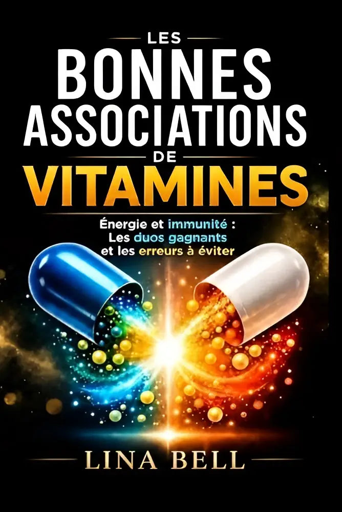 De boekcover van les bonnes associations toont witte en gouden tekst op zwarte achtergrond met kleurrijke capsules en energie en immuniteit