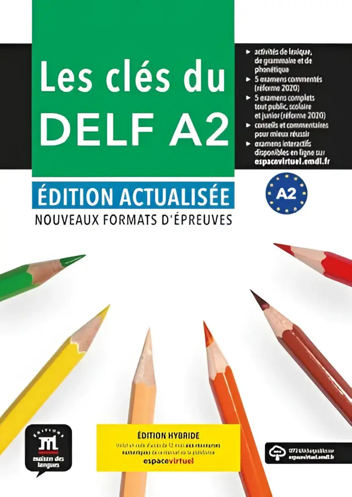 Green and white cover of les clés du delf a2 ouvrage actualisé pour s’entraîner au delf with colorful pencils