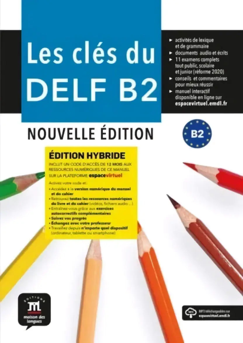 Blauw-witte cover van de les clés du delf b2 nouvelle hybride editie studiegids voor leerlingenboek
