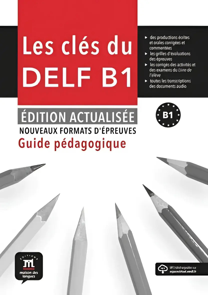 Cover van het lesboek les clés du nouveau delf b1 édition actualisée guide met rode titel en potloden op witte achtergrond