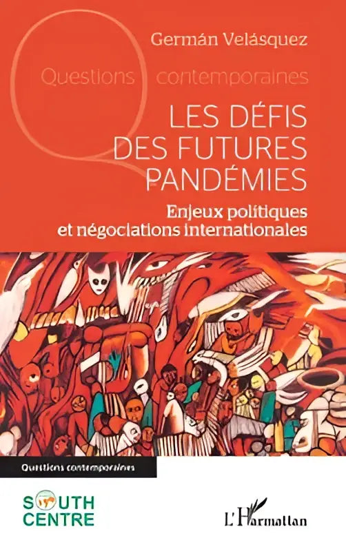 De boekomslag van les défis des futures pandémies toont een helder rood en oranje ontwerp met illustraties over enjeux politiques en négociations internationales