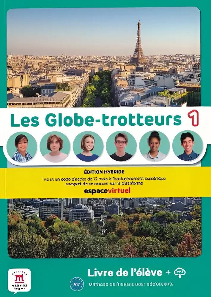 De cover van les globe-trotteurs 1 studentboek toont een levendig luchtbeeld van parijs met de eiffeltoren in teal en geel