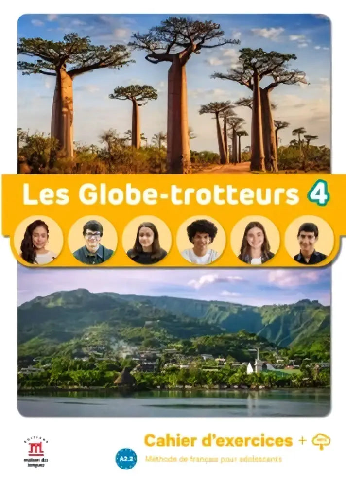 De cover van les globe-trotteurs 4 cahier d’exercices toont baobab bomen en groene bergen in een levendig kleurenontwerp