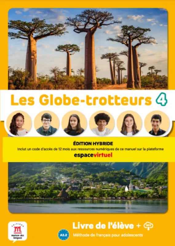 Hybride editie studentenwerkboek franse taal met gele omslag baobabs en dorpslandschap les globe-trotteurs 4
