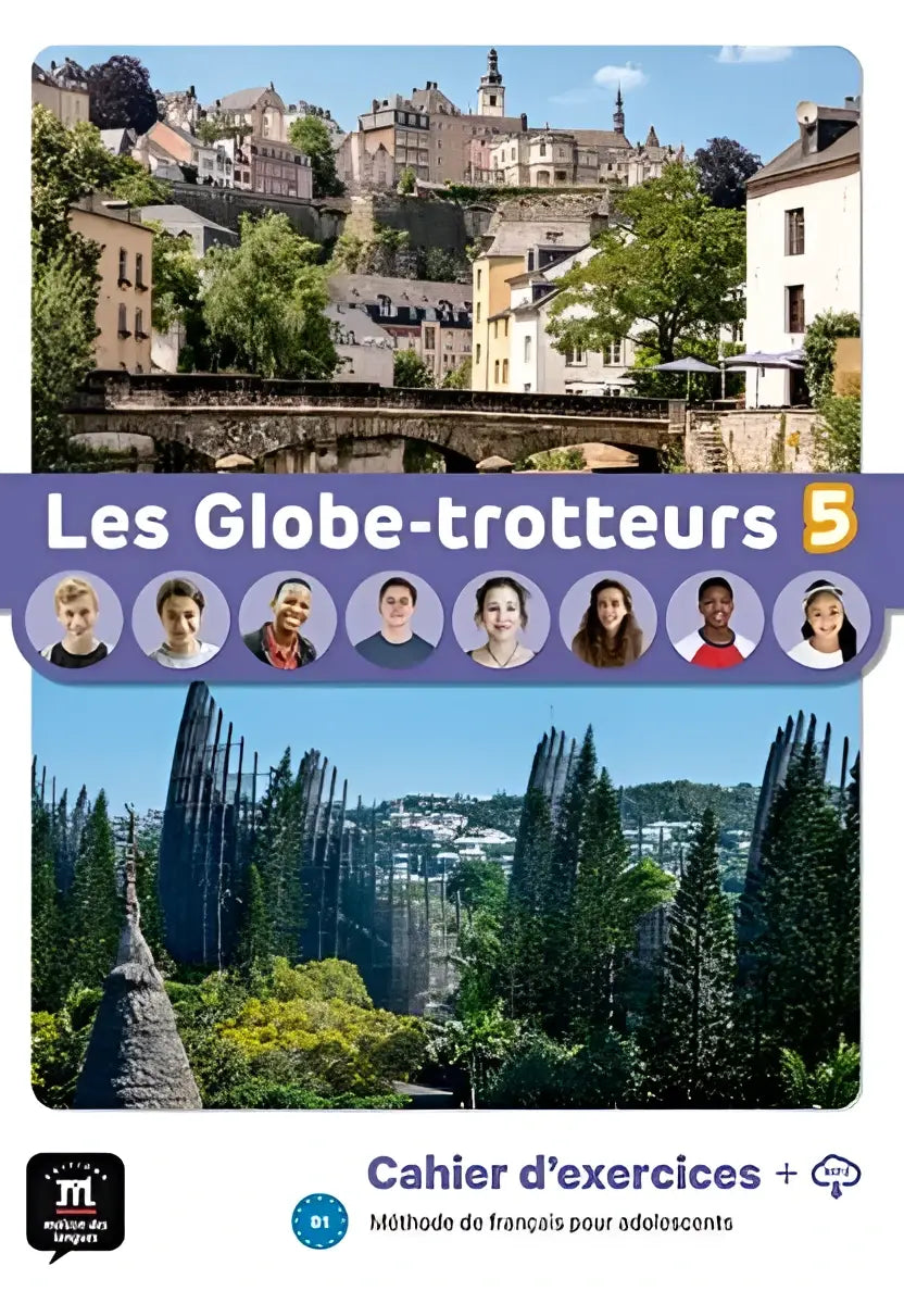 De kleurrijke omslag van les globe-trotteurs 5 cahier dexercices toont een historisch europees stadje boven een stenen brug