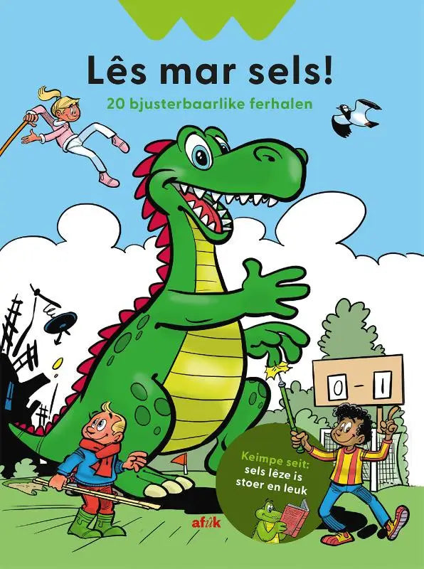 Green cartoon dinosaur with red spines on lês mar sels children’s book cover for bjusterbaarlike ferhalen reading